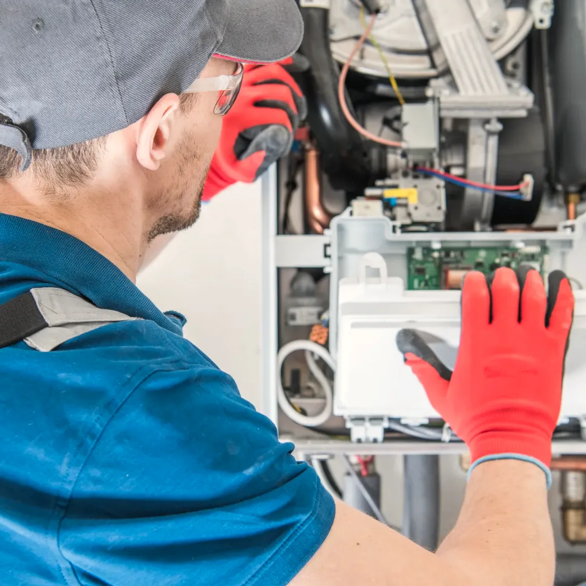 Technician in red gloves servicing a boiler's controls